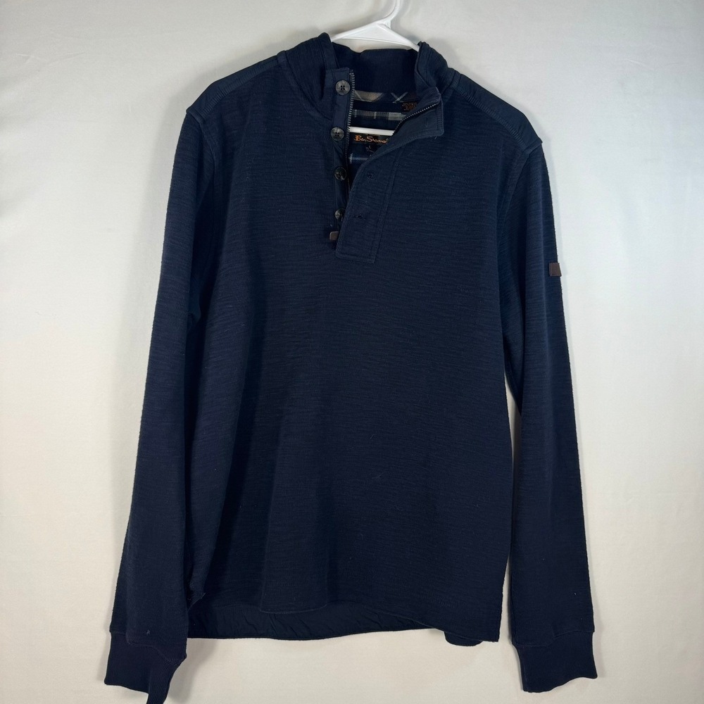 Ben Sherman Mens Navy Blue Quarter Zip Button Pullover Sweater Large Plaid Lined